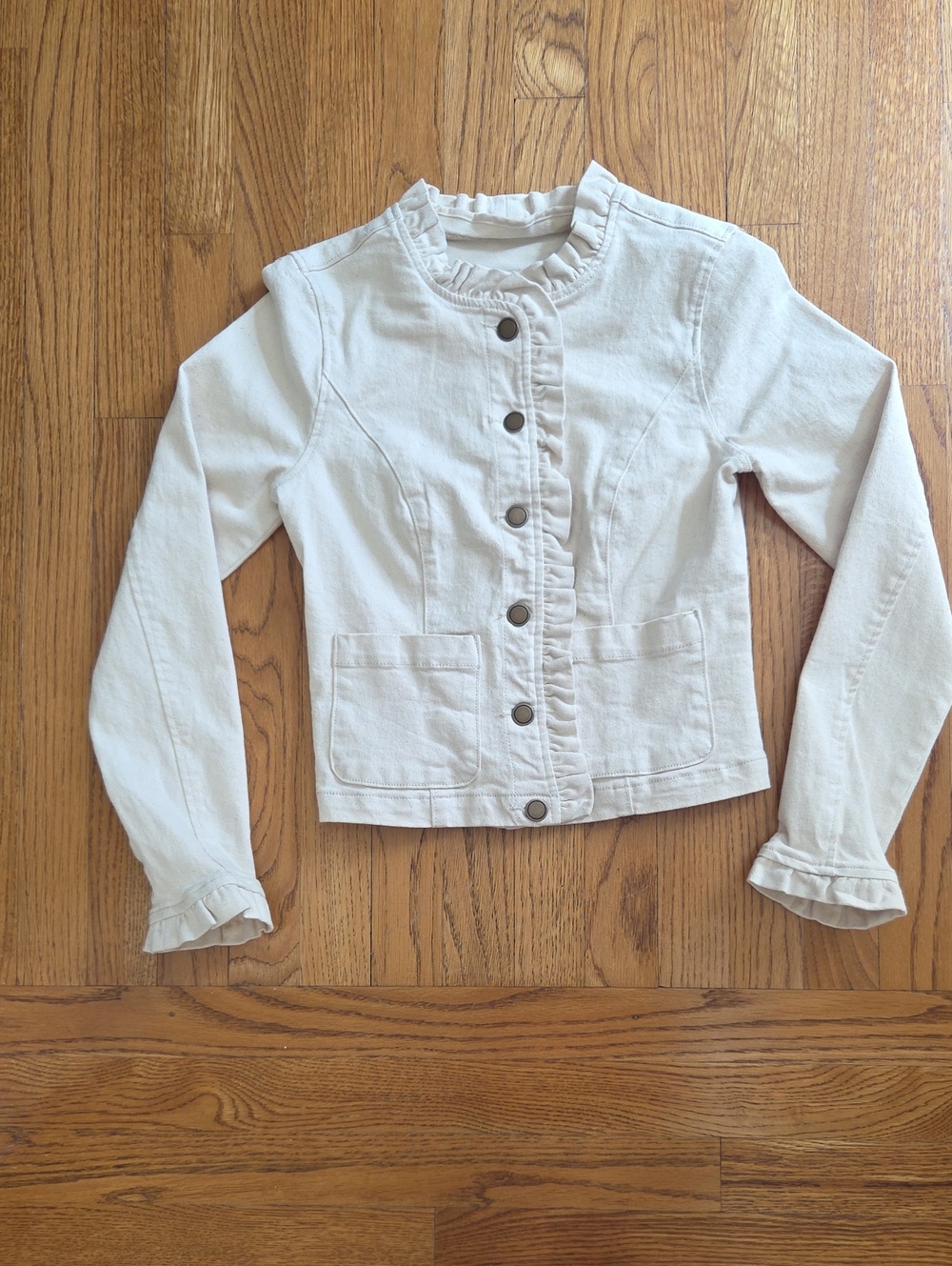 Draper James Cream Ruffle-Trim Button-Front Jean Jacket